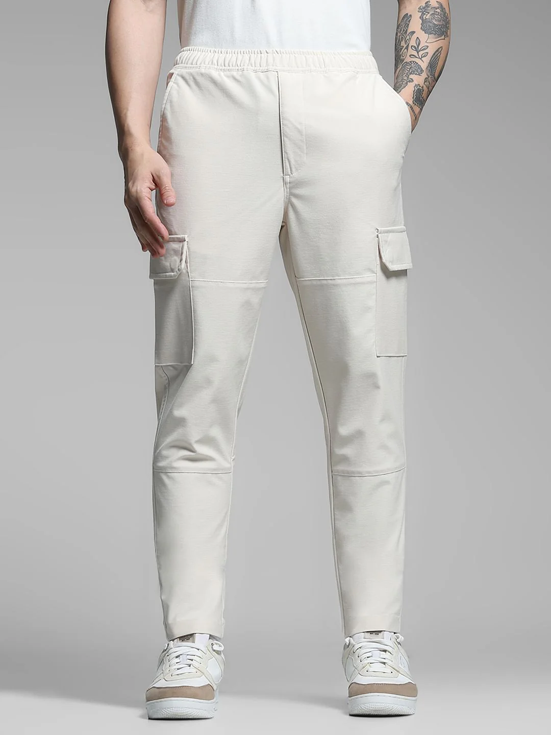 Beige Mid Rise Cargo Pants