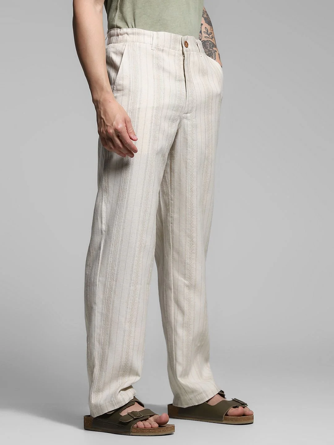 Beige Mid Rise Striped Casual Pants - Image 2