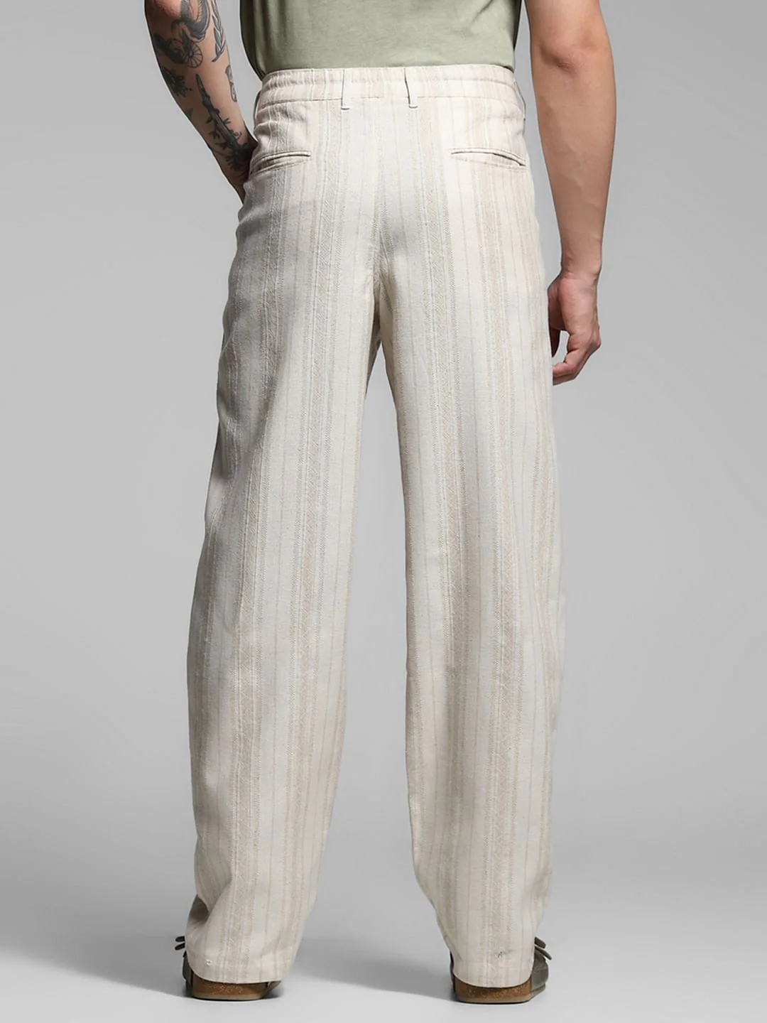 Beige Mid Rise Striped Casual Pants - Image 3