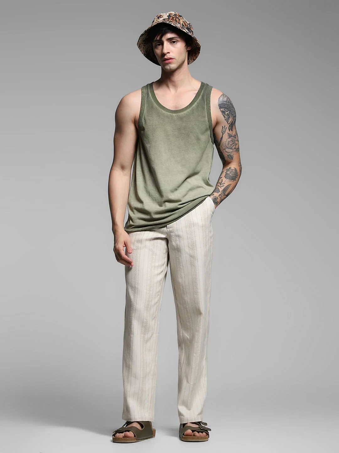 Beige Mid Rise Striped Casual Pants - Image 6