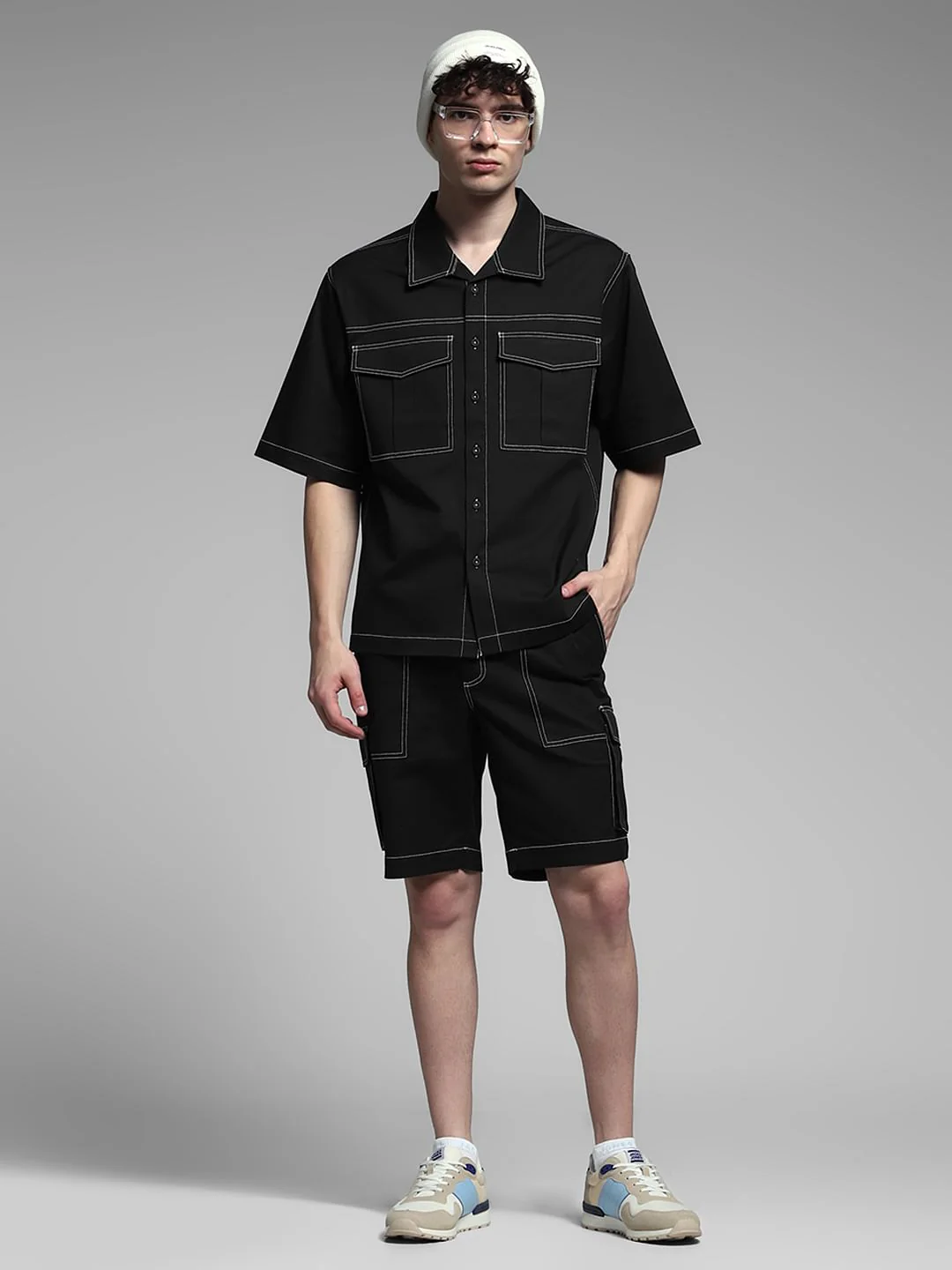 Black Contrast Stitch Co-ord Set Shorts - Image 6