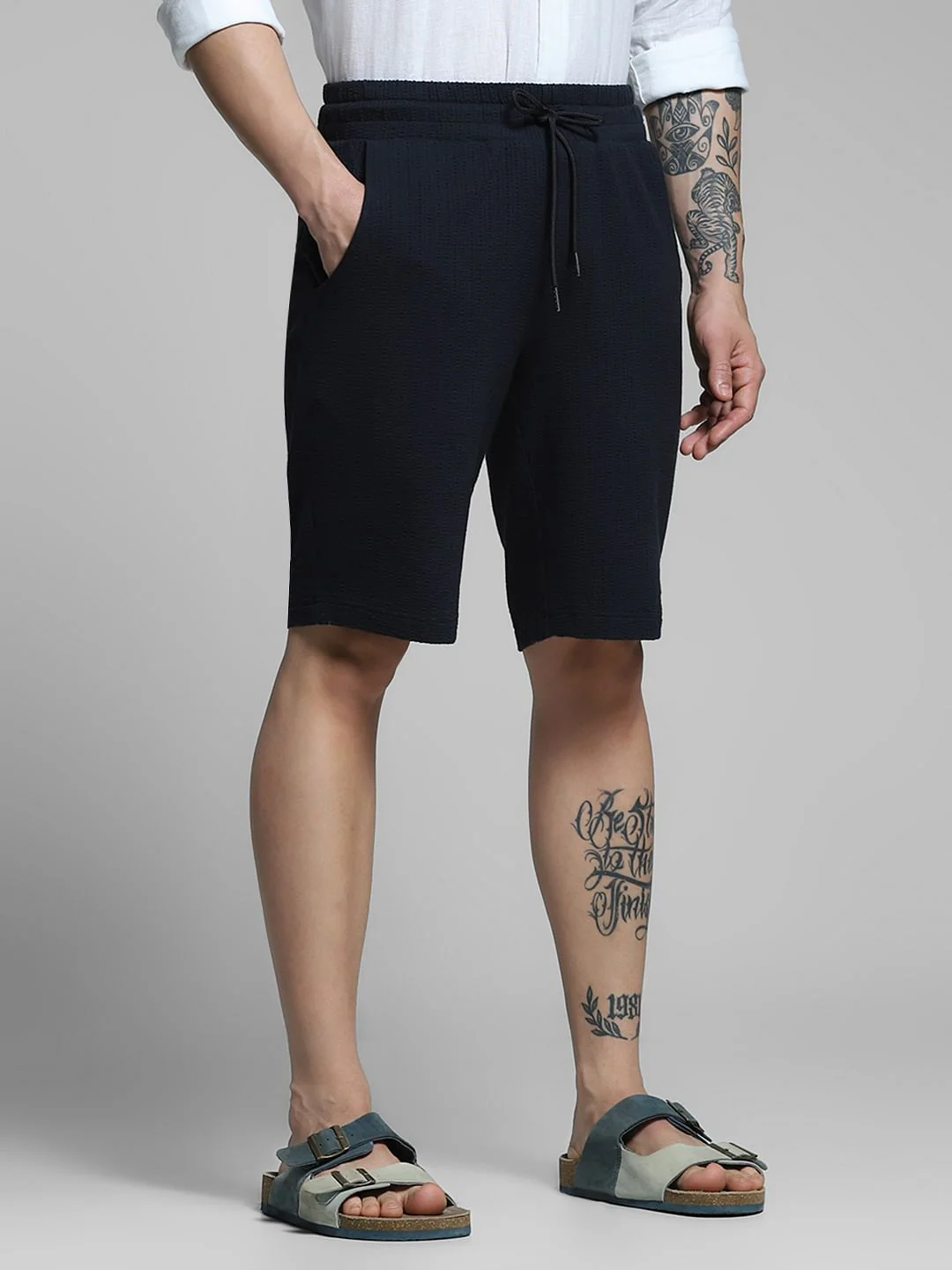 Navy Blue Mid Rise Cotton Shorts - Image 2