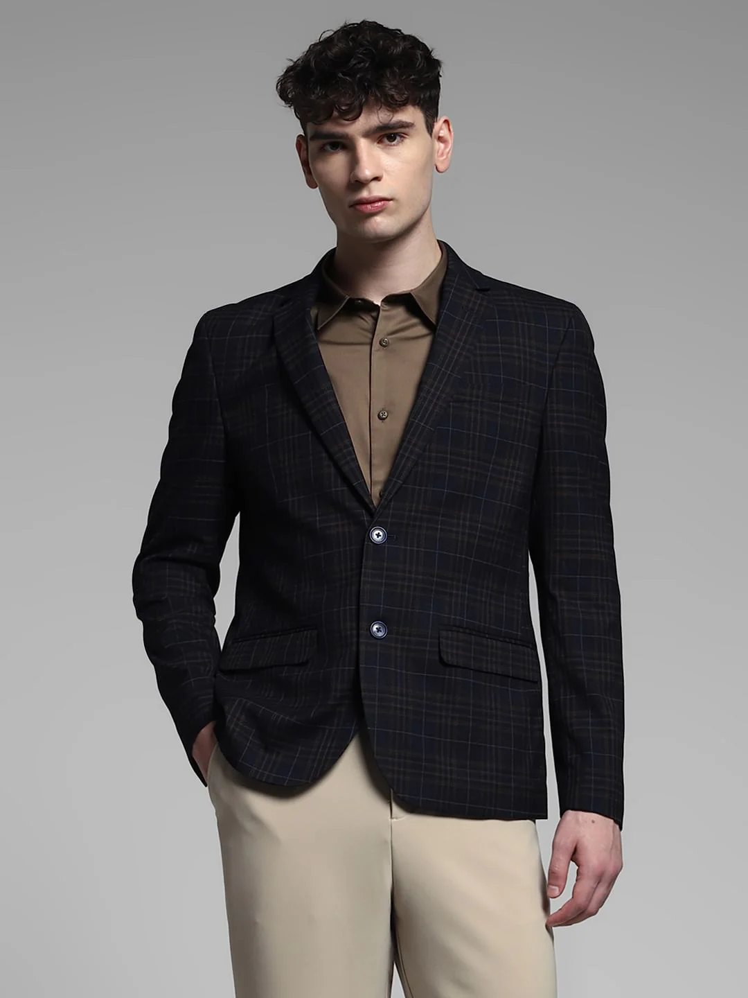 Navy Blue Check Formal Blazer - Image 2