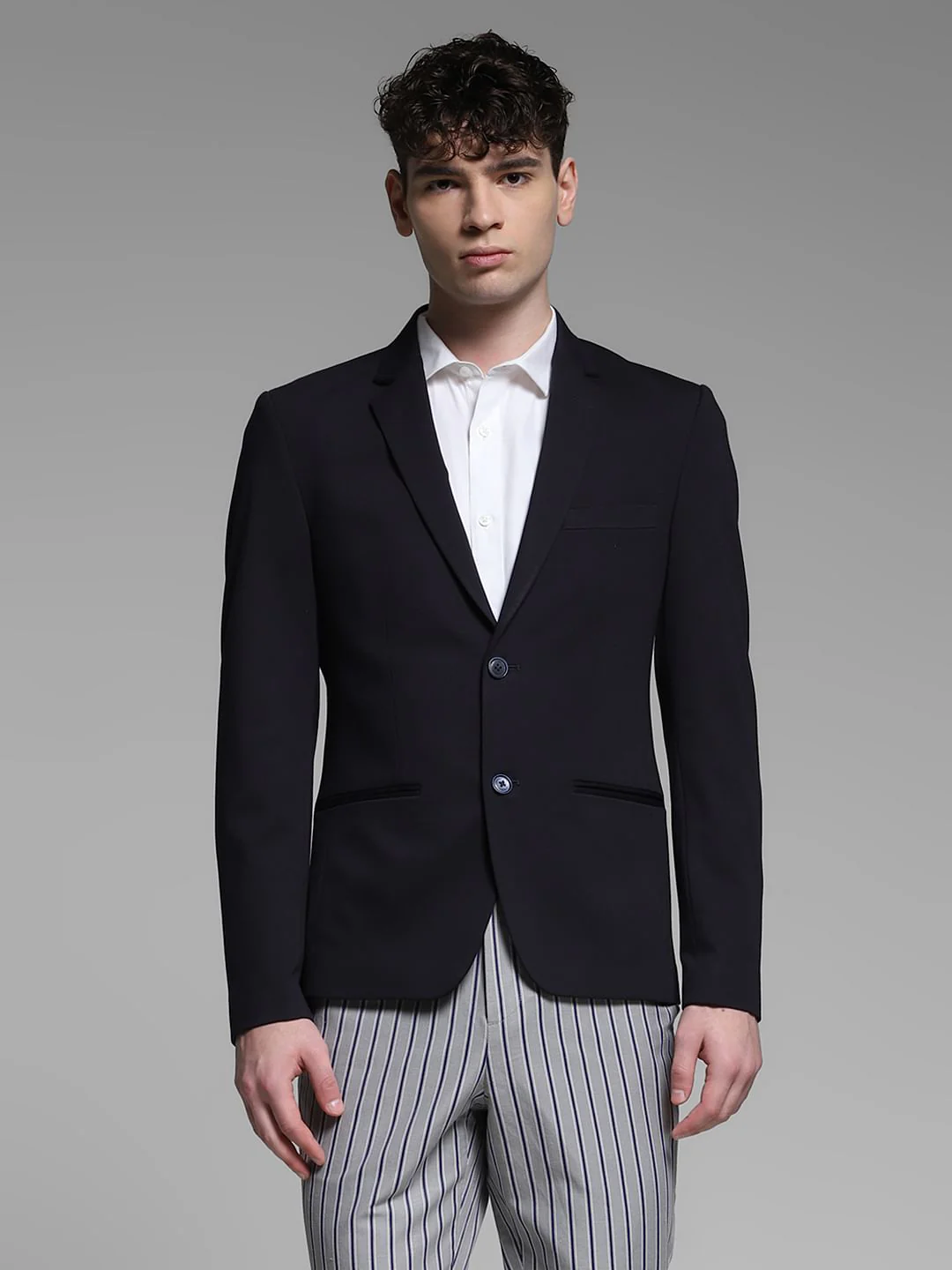 Navy Blue Stretch Formal Blazer - Image 2