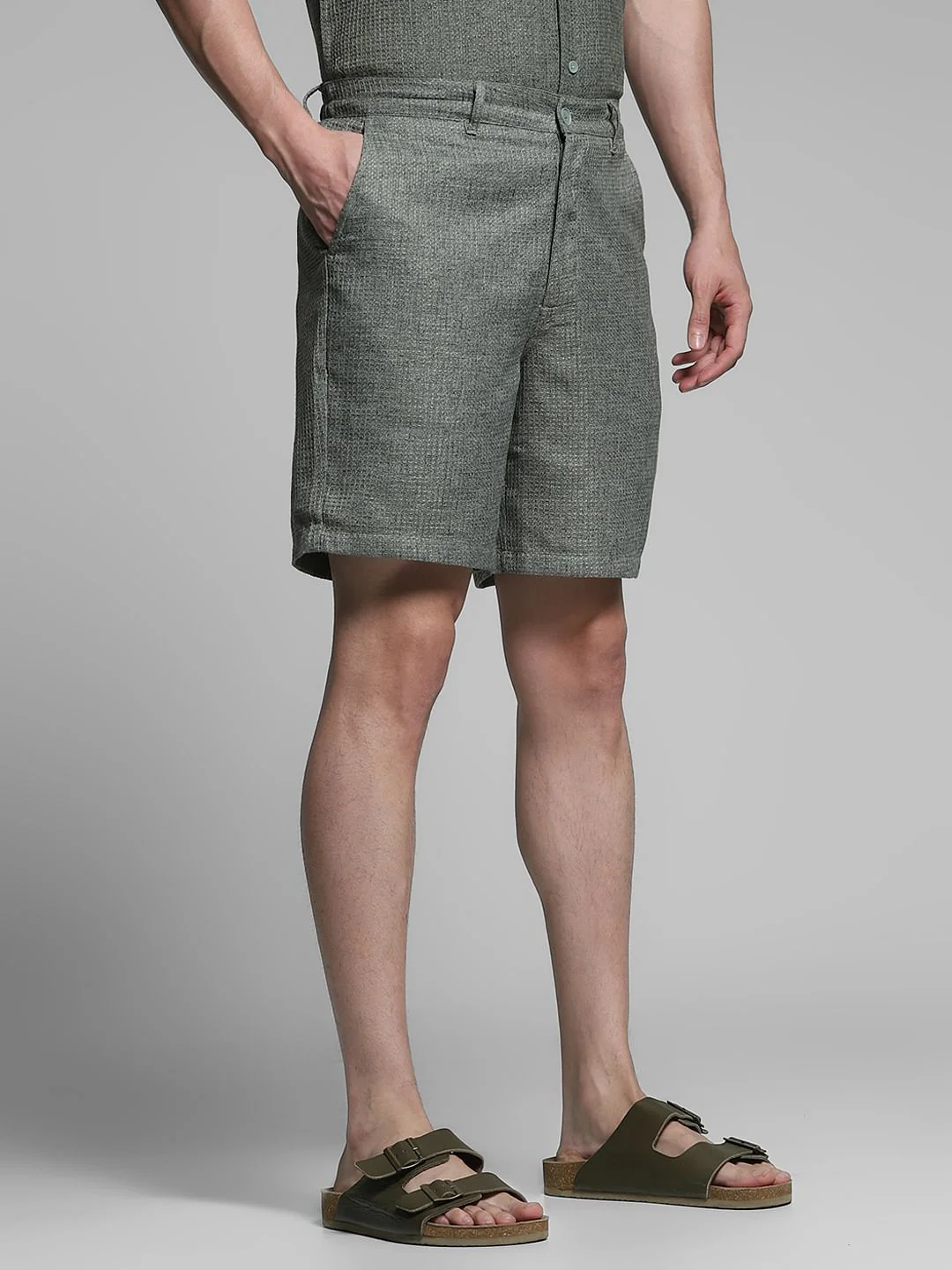 Olive Green Dobby Co-ord Set Shorts - Image 2