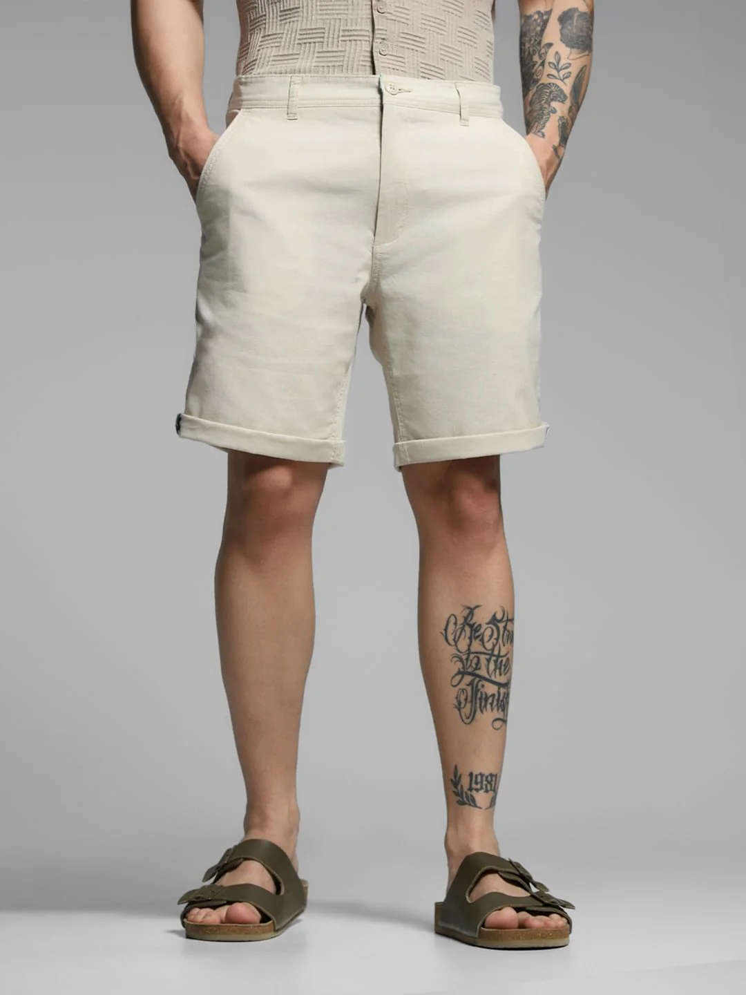 Beige Mid Rise Cotton Shorts
