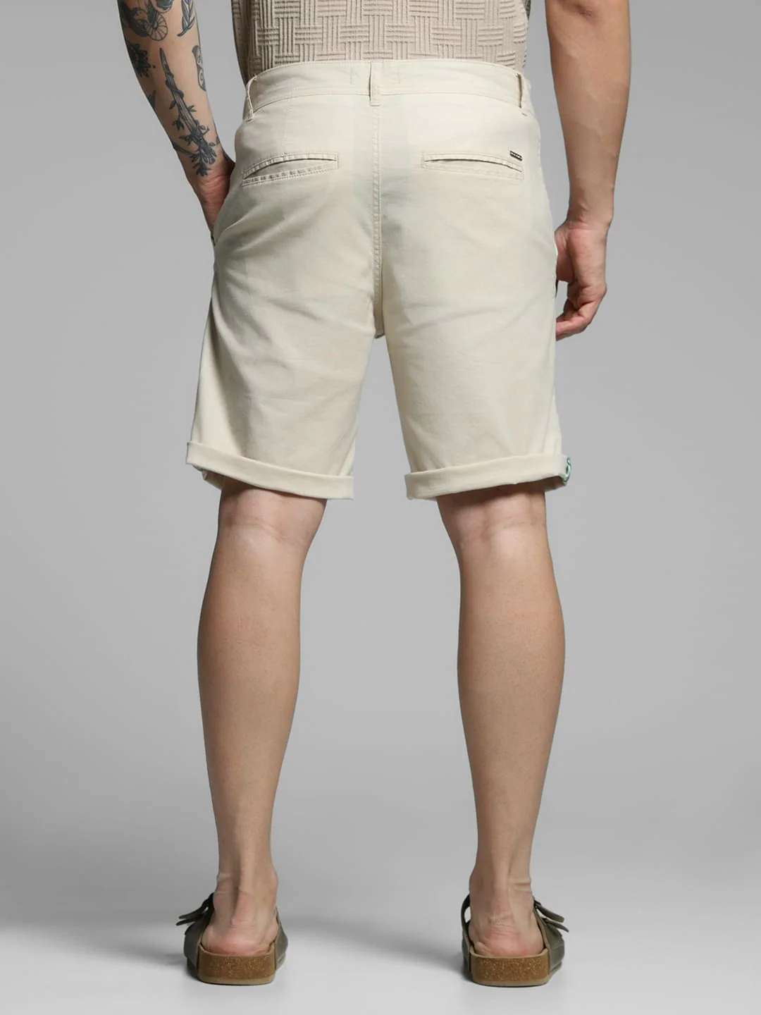 Beige Mid Rise Cotton Shorts - Image 3