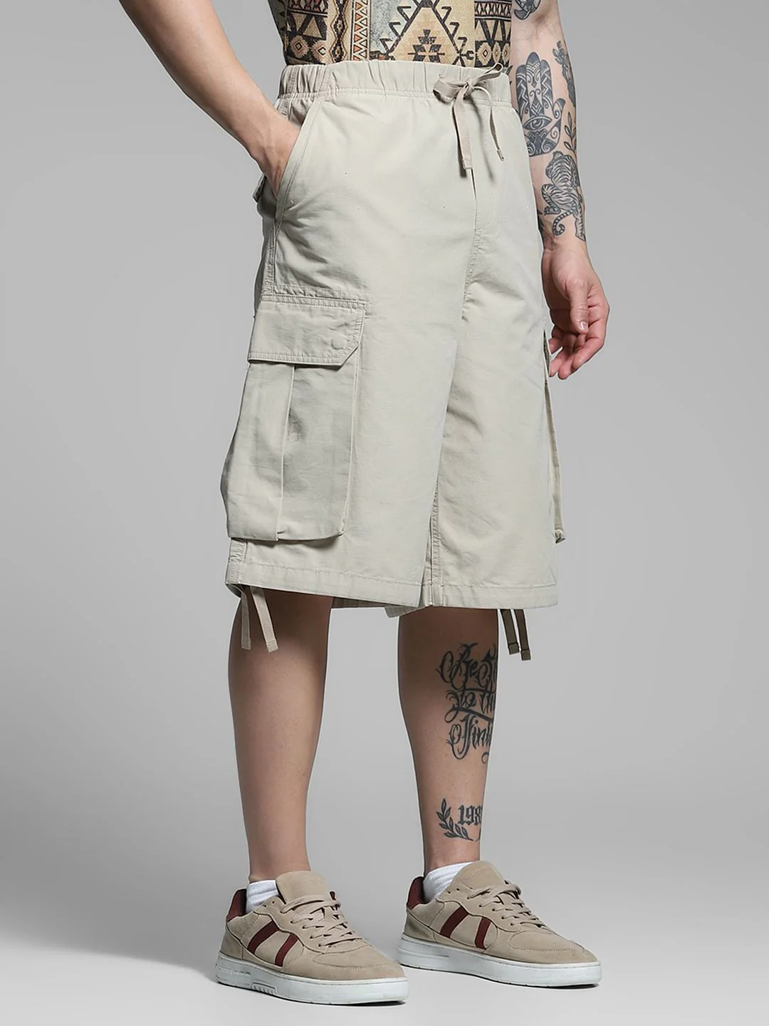 Beige Mid Rise Cargo Jogger Shorts - Image 2
