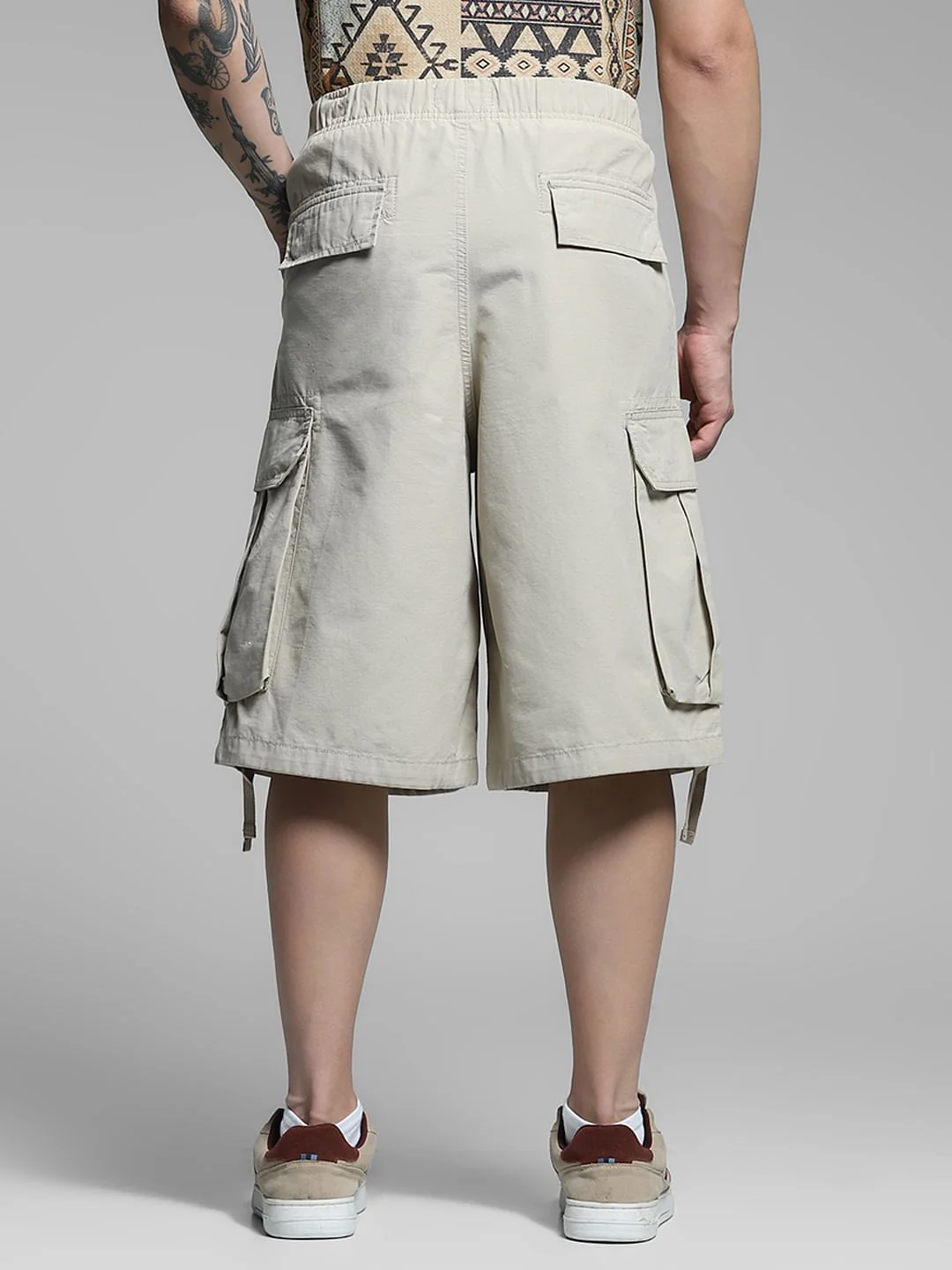 Beige Mid Rise Cargo Jogger Shorts - Image 3