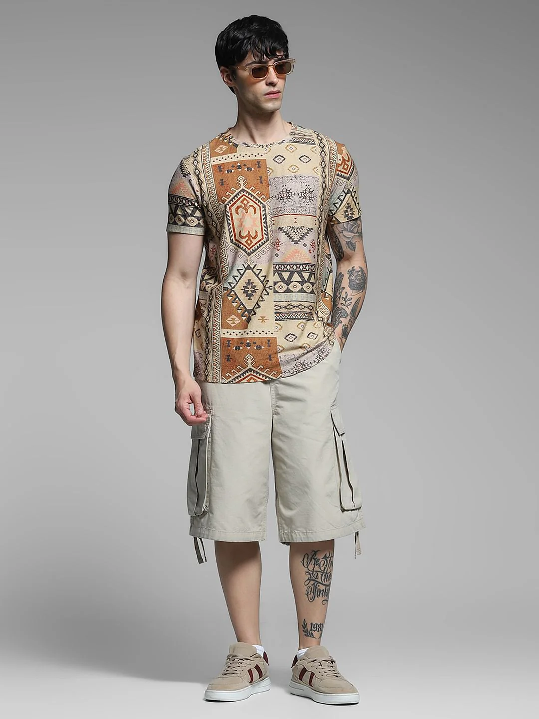 Beige Mid Rise Cargo Jogger Shorts - Image 5