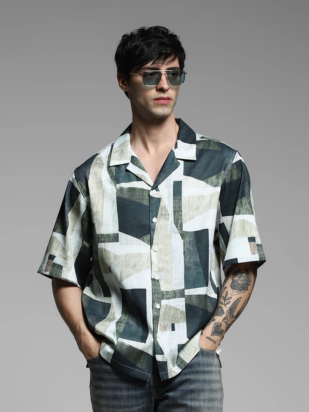 Green Printed Oversized Shirt