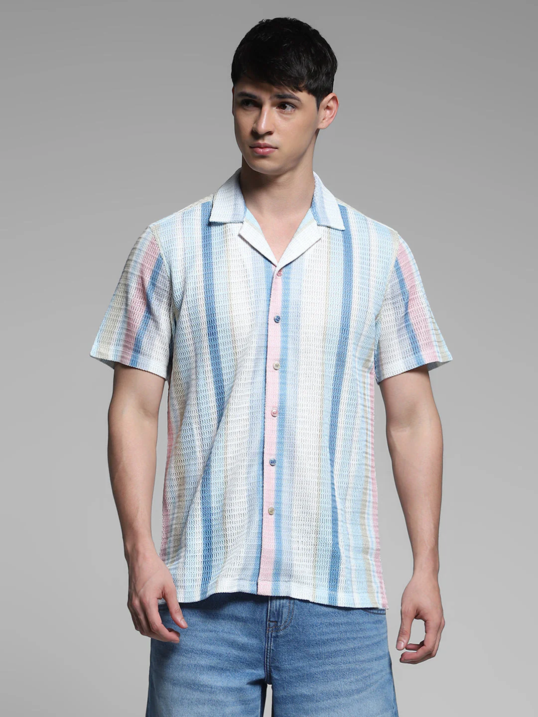 Blue Striped Resort Collar Shirt - Image 2