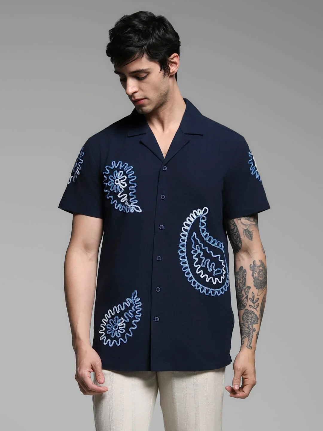 Dark Blue Embroidered Cotton Shirt - Image 2