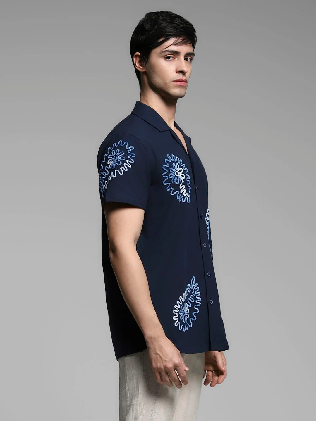 Dark Blue Embroidered Cotton Shirt - Image 3