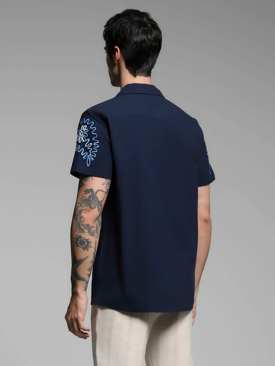 Dark Blue Embroidered Cotton Shirt - Image 4