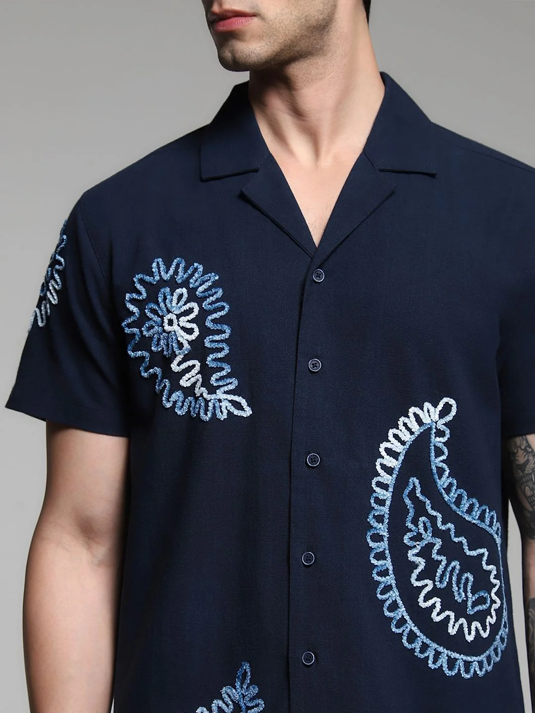 Dark Blue Embroidered Cotton Shirt - Image 5