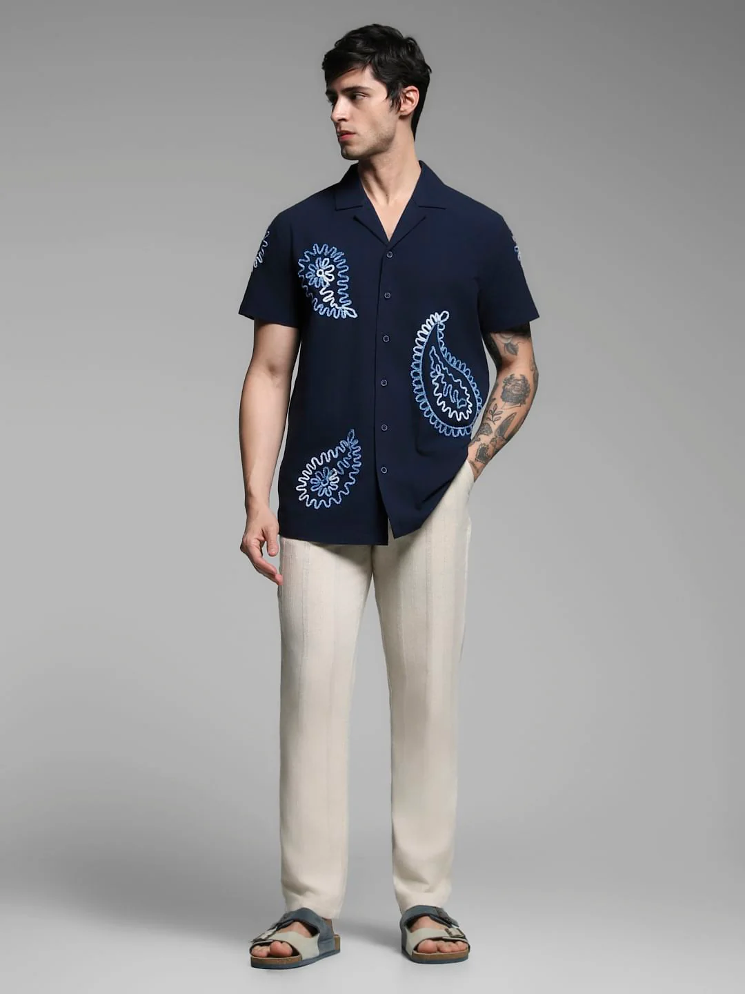 Dark Blue Embroidered Cotton Shirt - Image 6