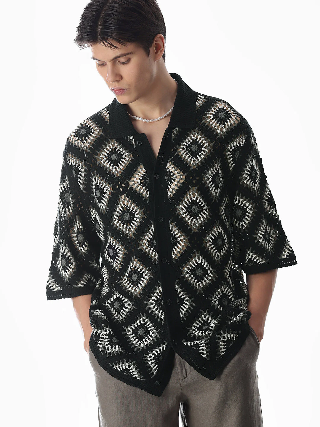 Black Knitted Crochet Oversized Shirt