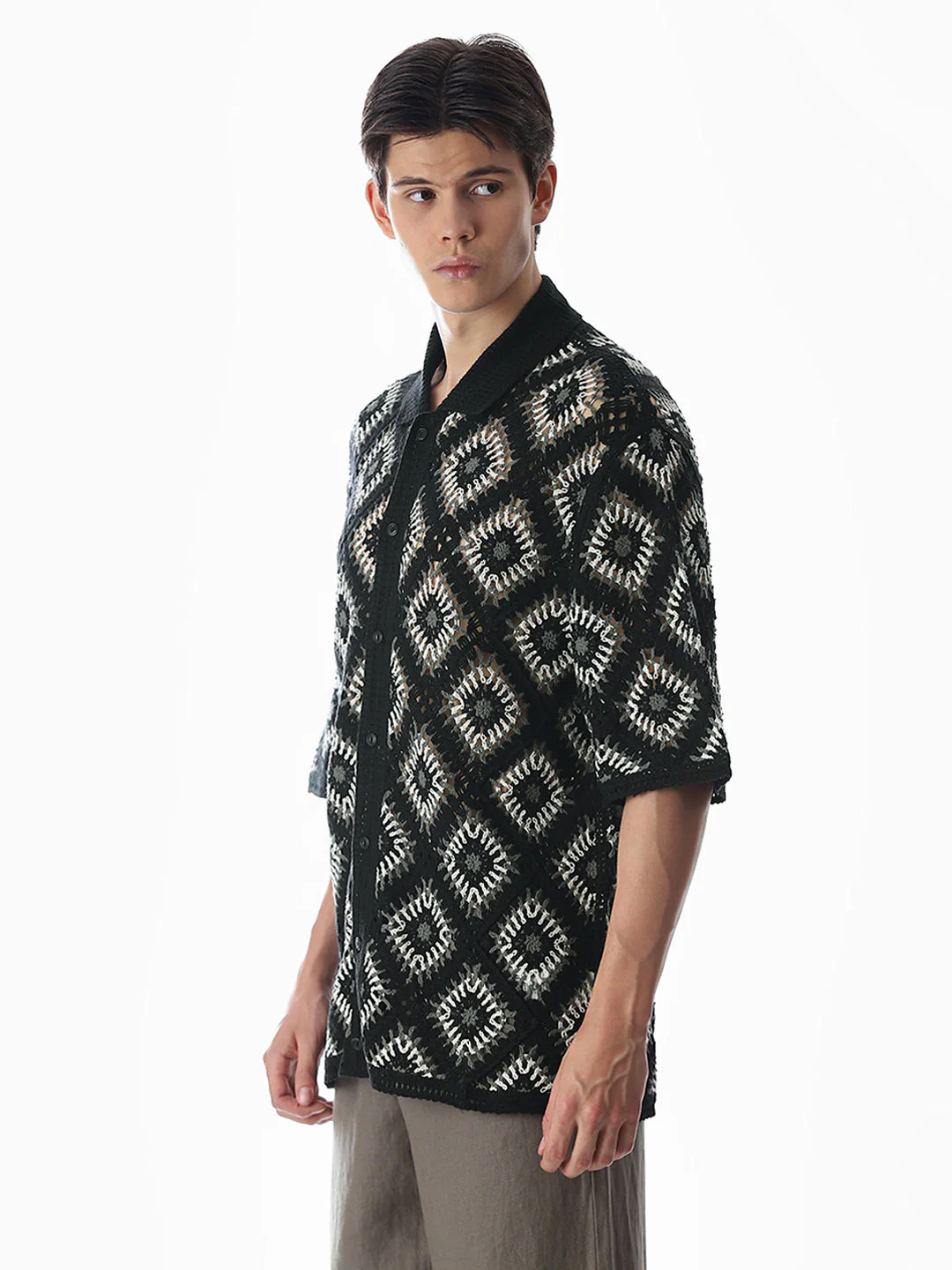 Black Knitted Crochet Oversized Shirt - Image 3