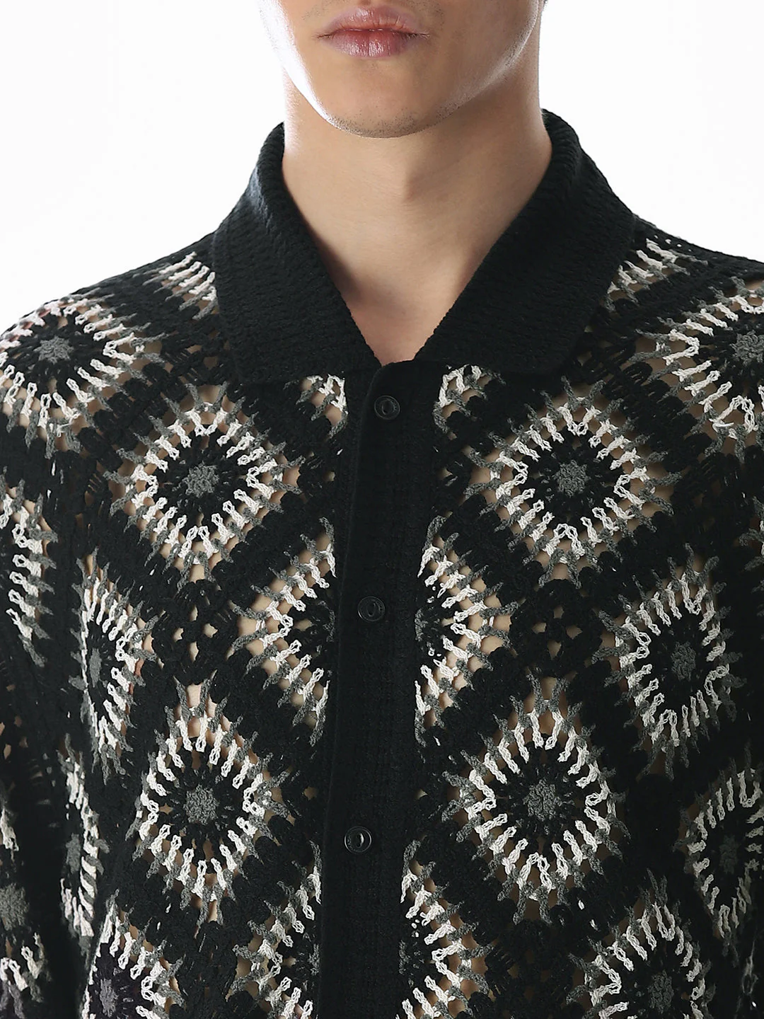 Black Knitted Crochet Oversized Shirt - Image 5