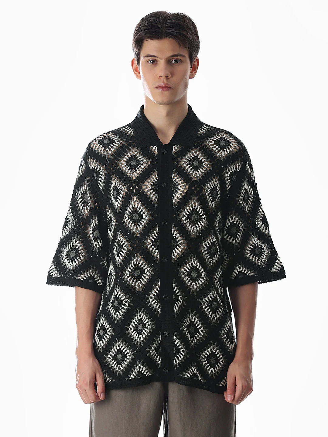 Black Knitted Crochet Oversized Shirt - Image 8