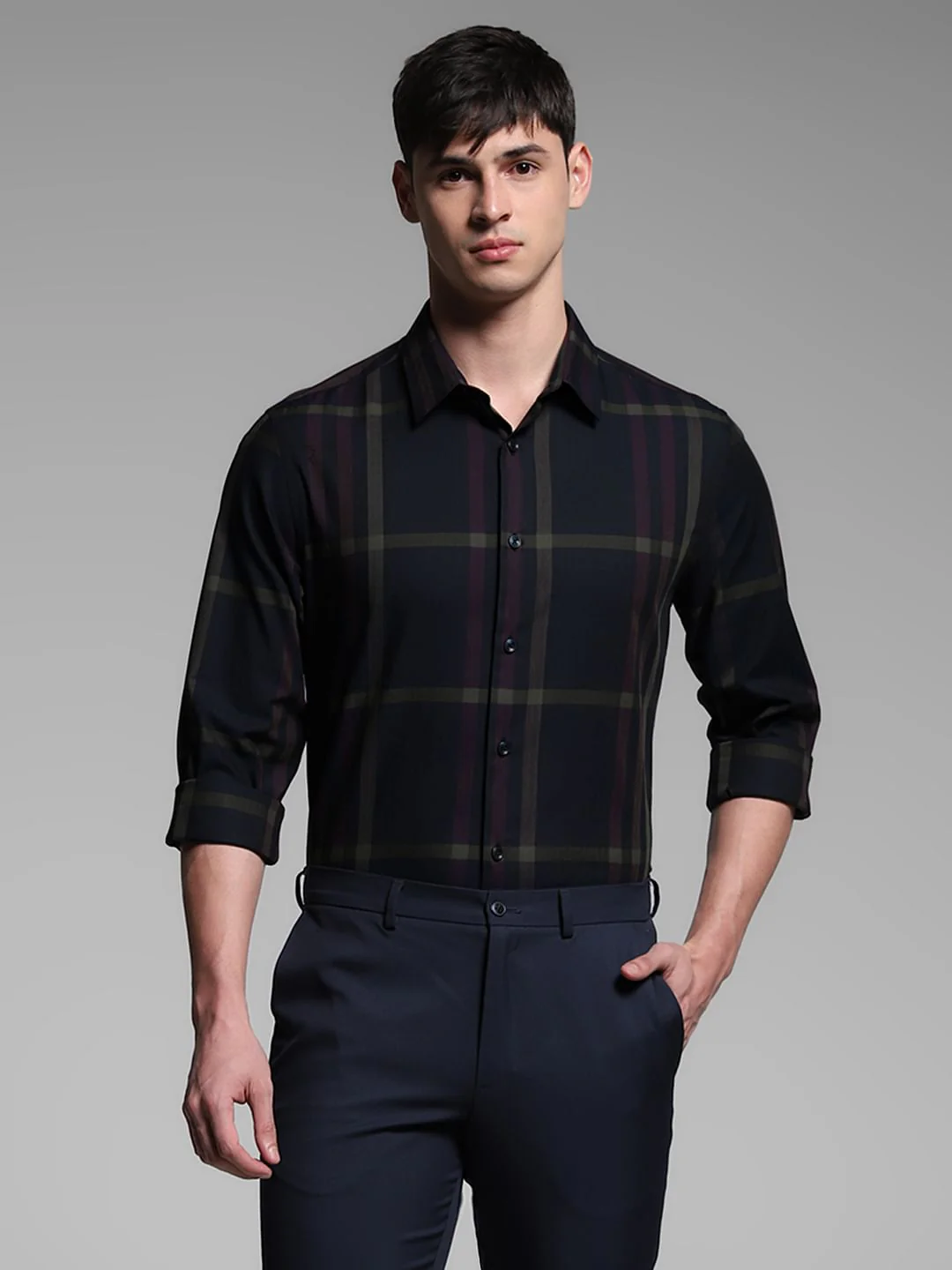 Dark Blue Check Print Cotton Shirt - Image 2