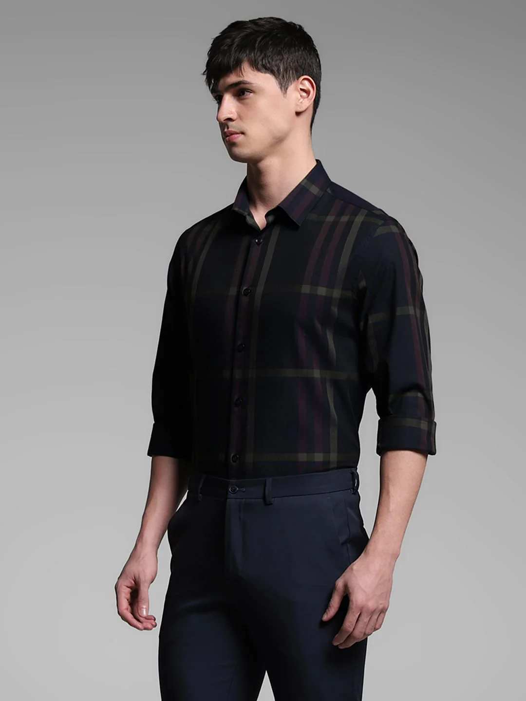 Dark Blue Check Print Cotton Shirt - Image 3