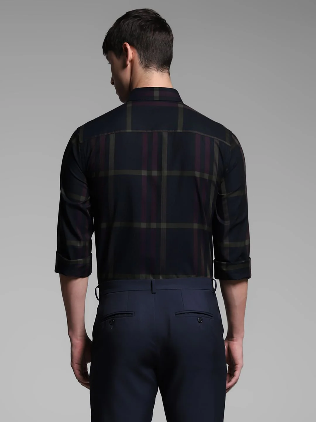 Dark Blue Check Print Cotton Shirt - Image 4