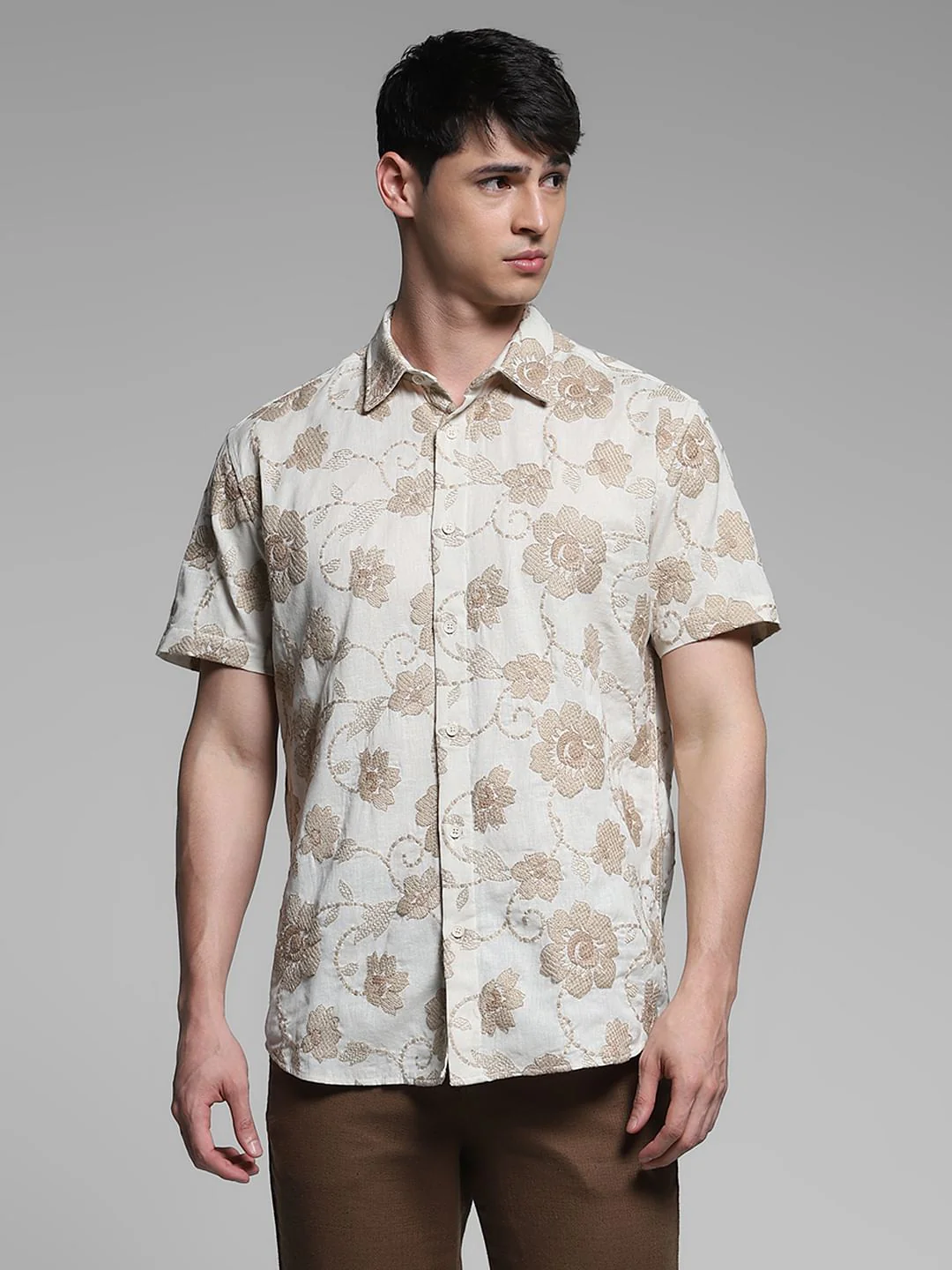 Brown Embroidered Cotton Shirt - Image 2