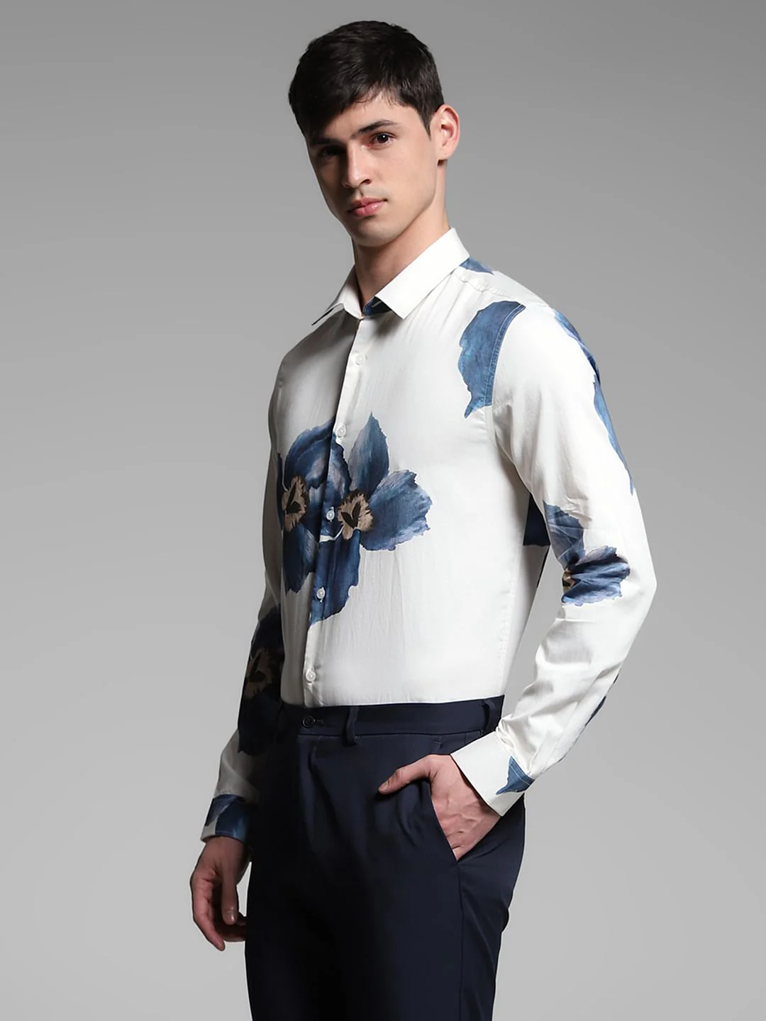 Blue Floral Cotton Full Sleeves Shirt - Image 3