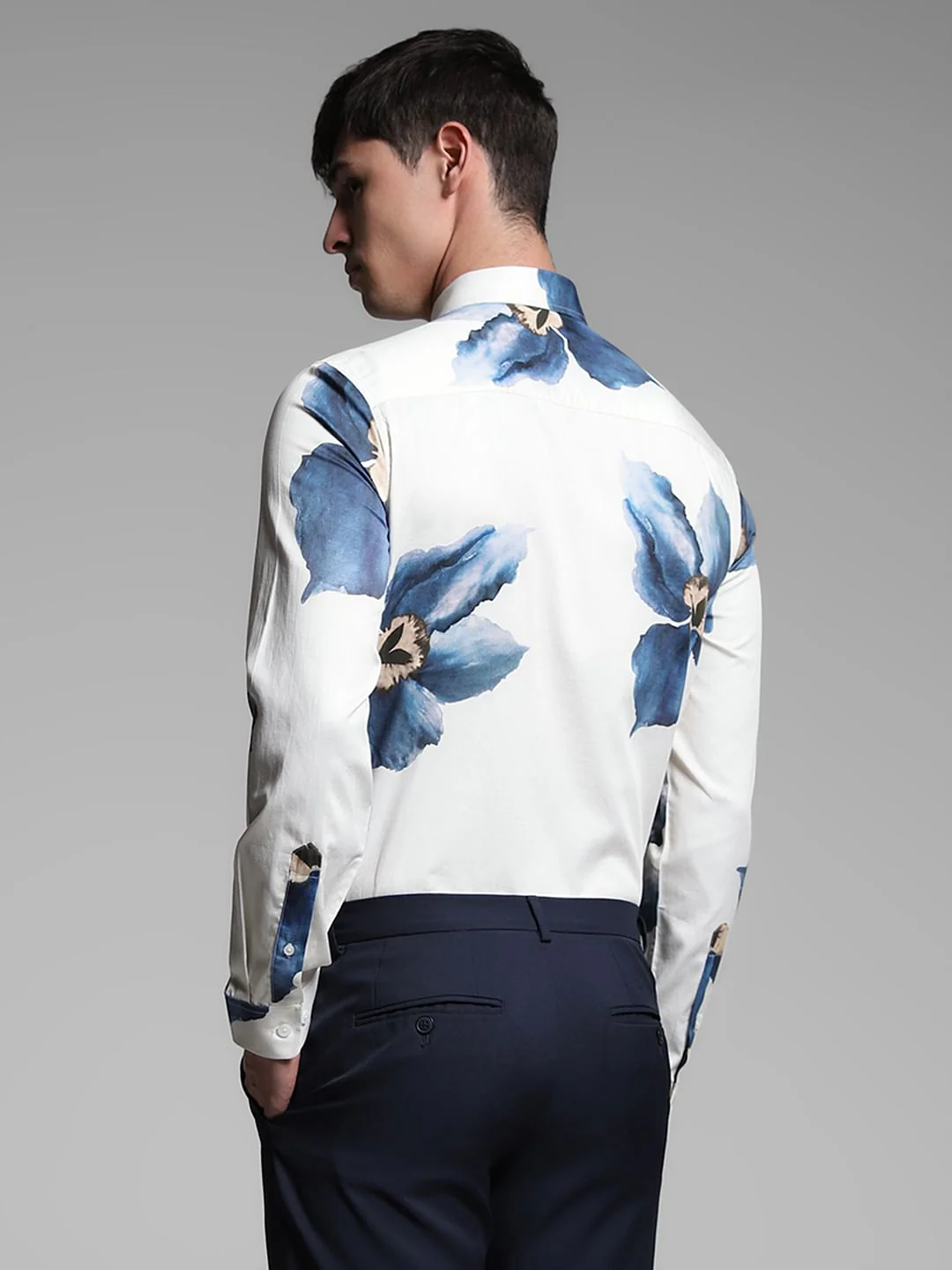 Blue Floral Cotton Full Sleeves Shirt - Image 4