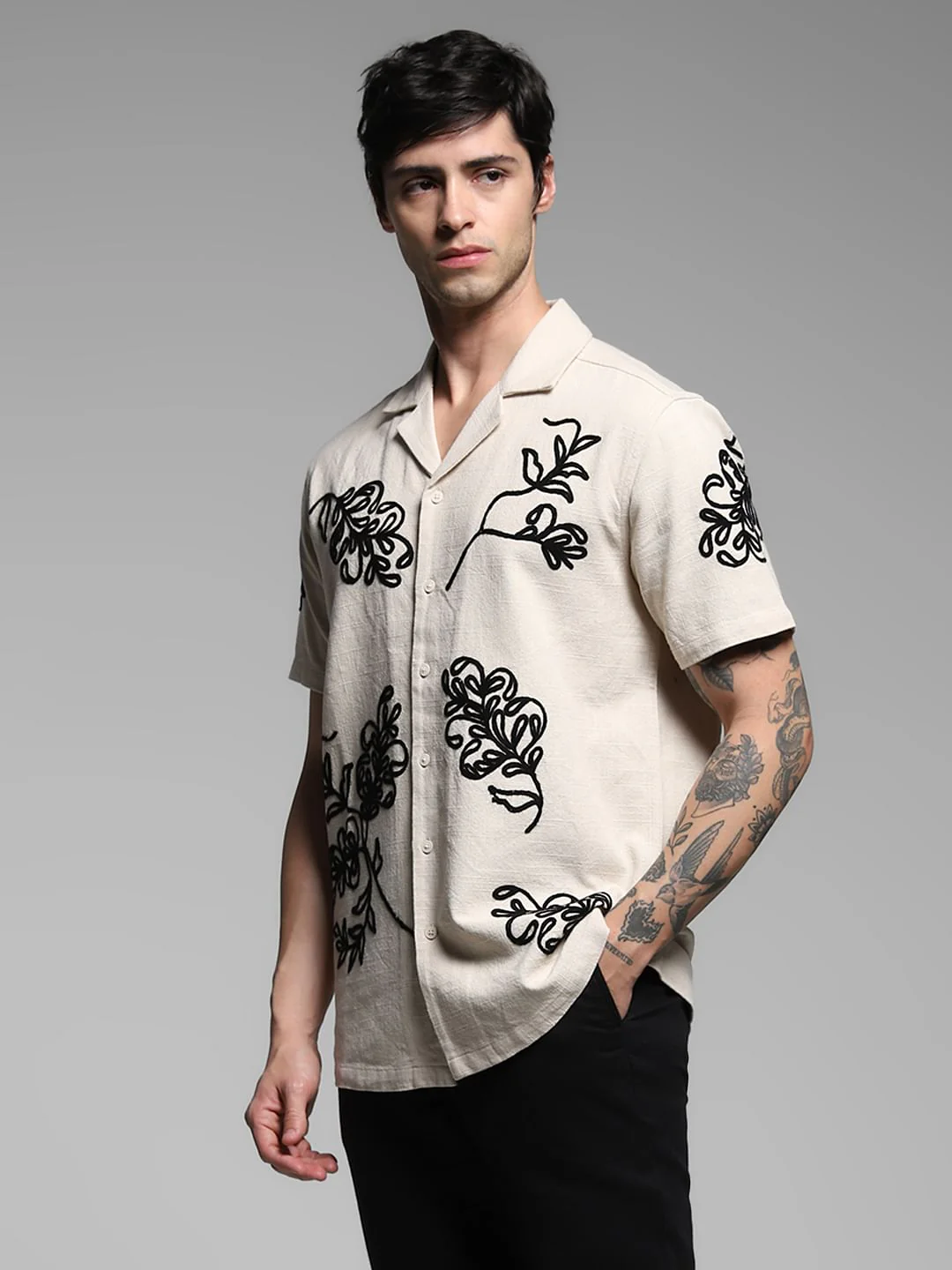 Beige Embroidered Cotton Shirt - Image 2