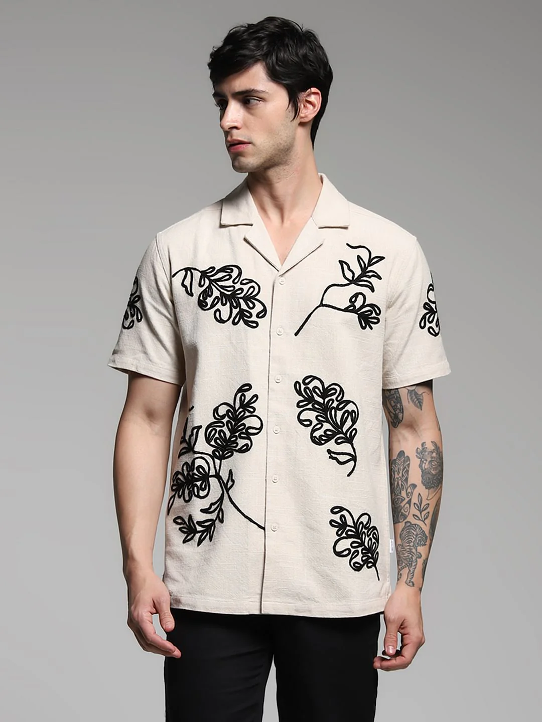 Beige Embroidered Cotton Shirt - Image 3