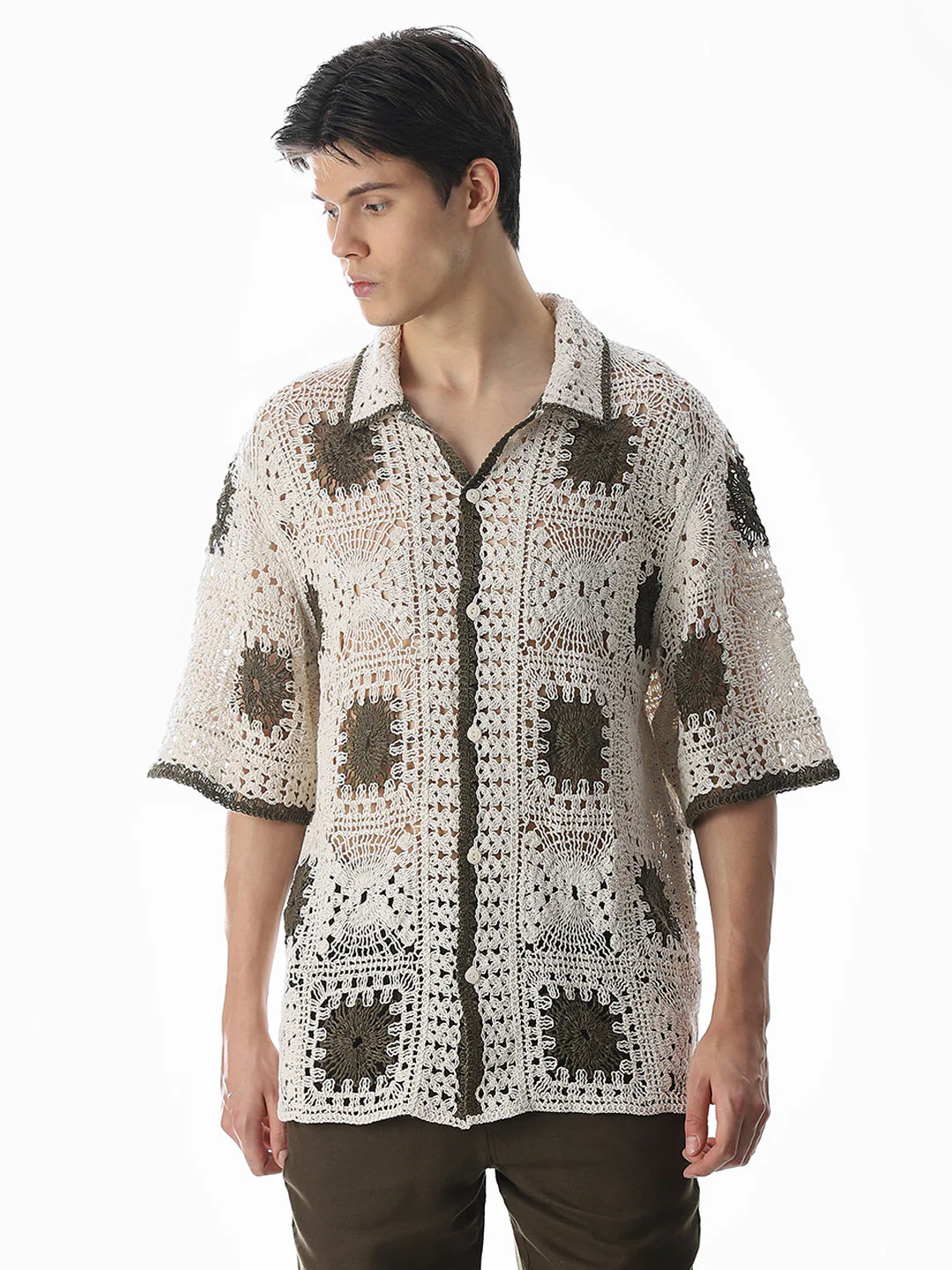 Beige Crochet Knitted Oversized Shirt - Image 2