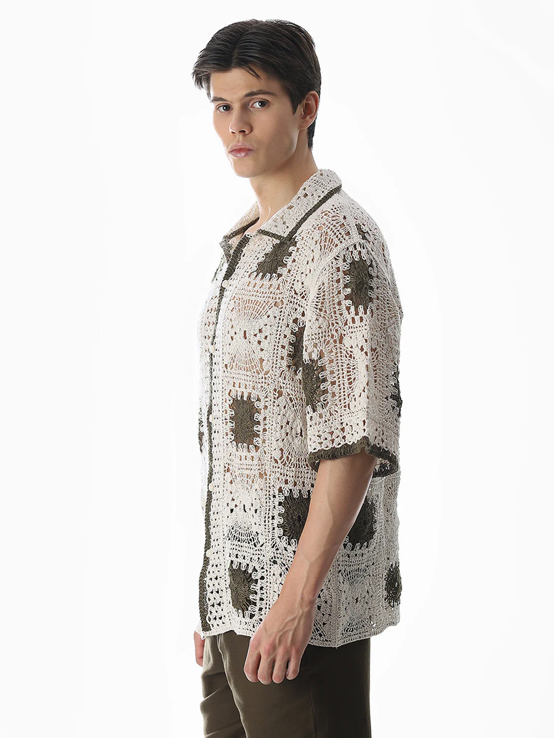 Beige Crochet Knitted Oversized Shirt - Image 3