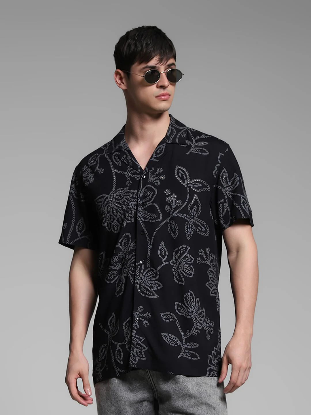 Black Printed Viscose Comfort Fit Shirt