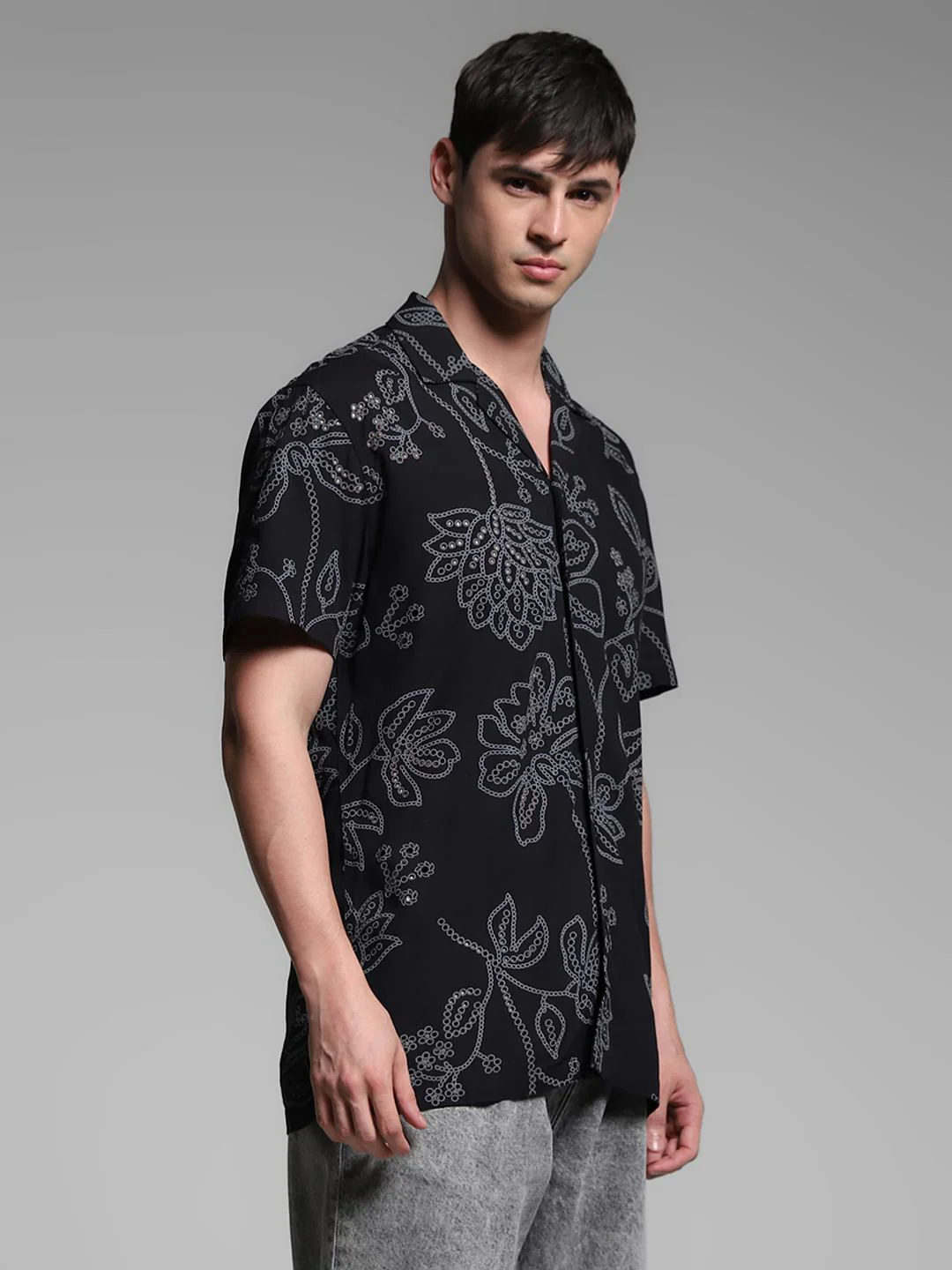 Black Printed Viscose Comfort Fit Shirt - Image 3