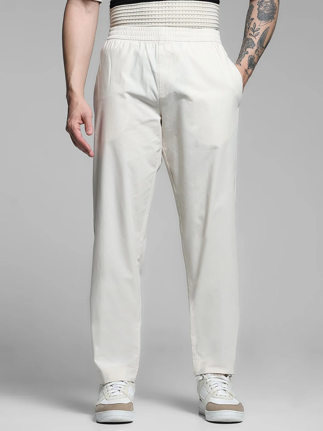 Beige Mid Rise Cotton Joggers