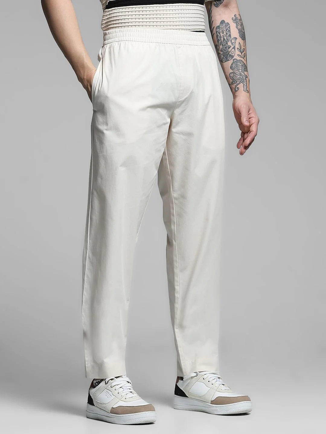Beige Mid Rise Cotton Joggers - Image 2