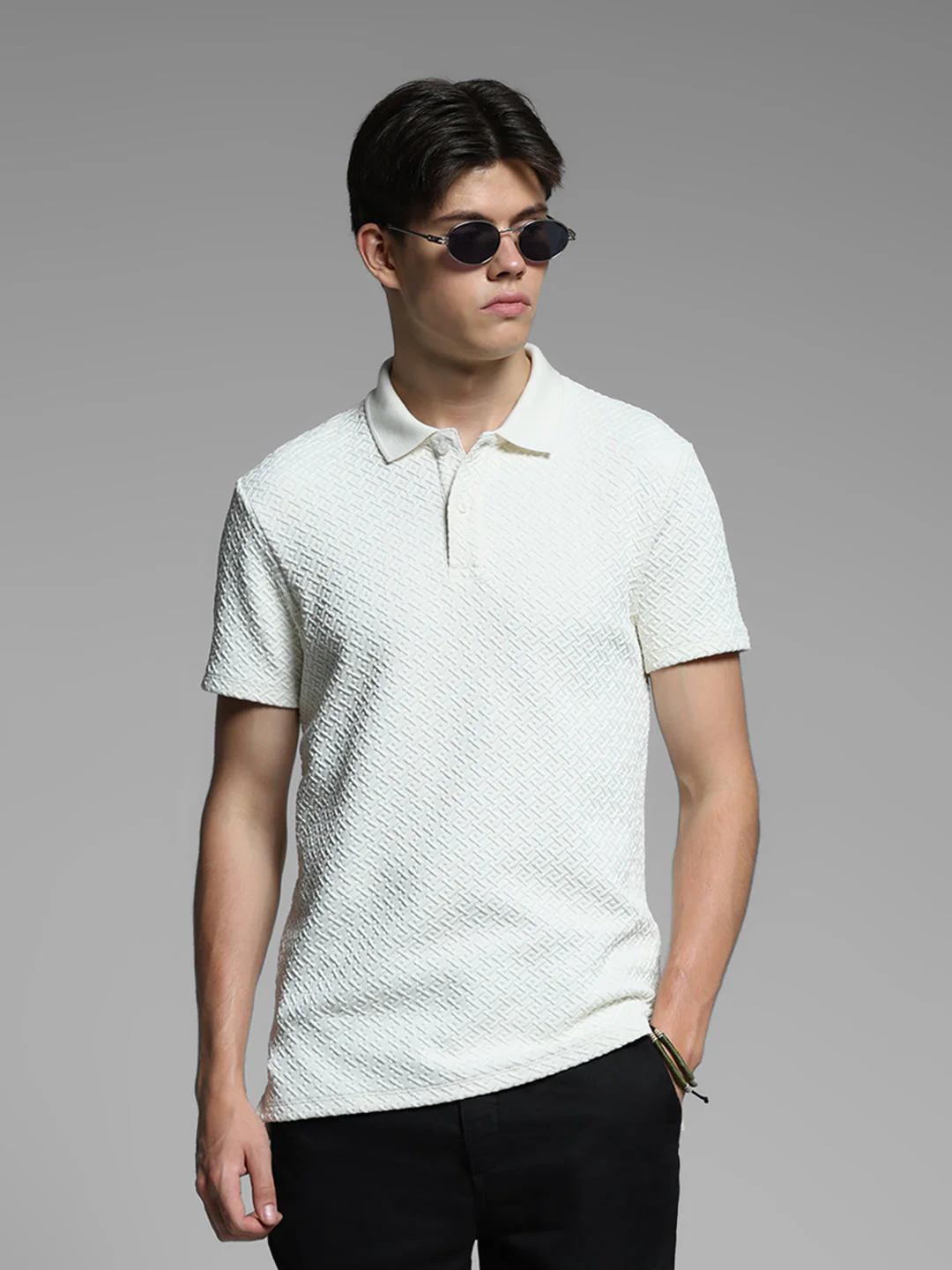 Cream Textured Polo T-shirt