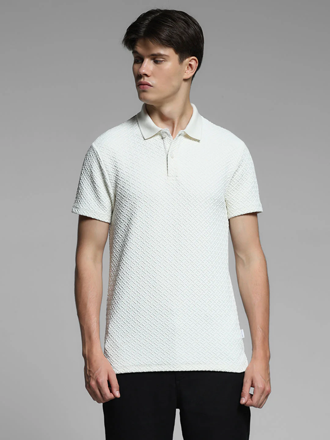 Cream Textured Polo T-shirt - Image 2