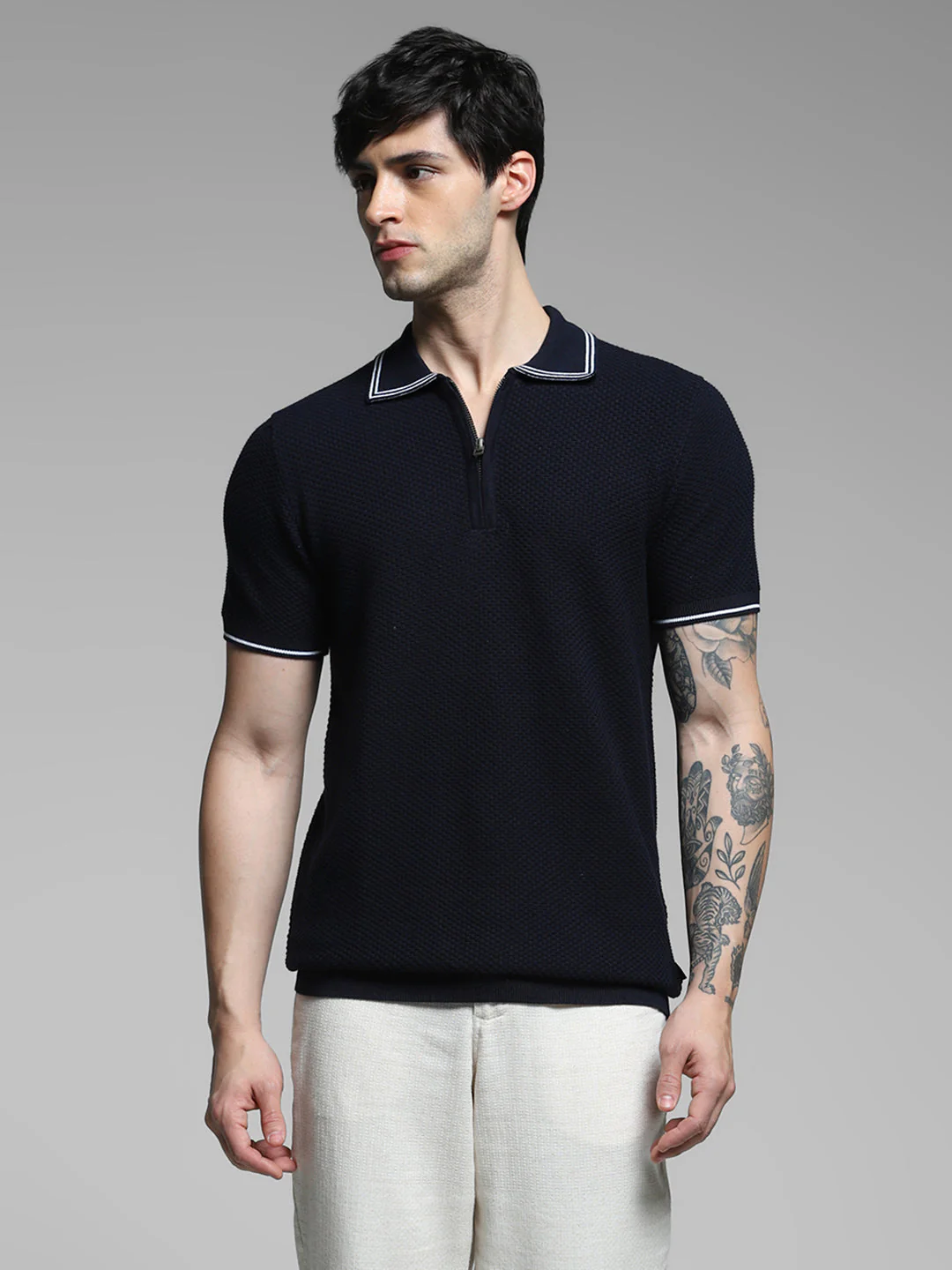 Navy Blue Cotton Jacquard Polo - Image 2