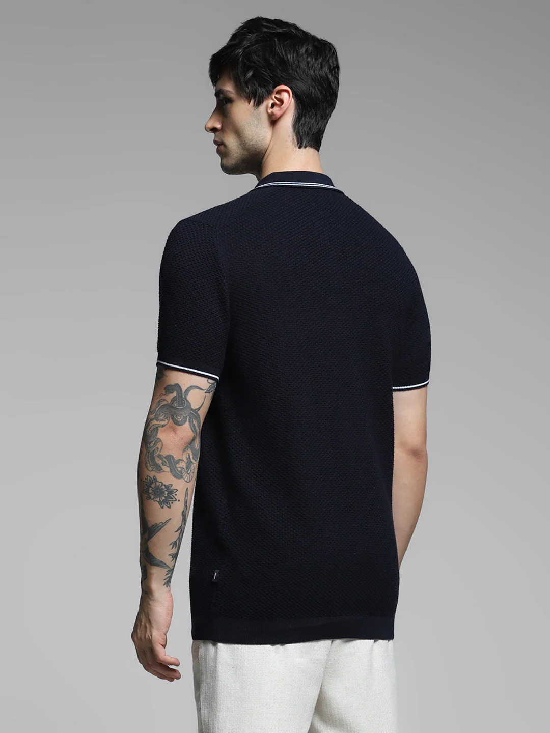 Navy Blue Cotton Jacquard Polo - Image 4