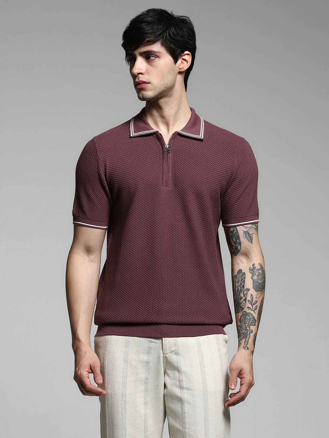 Dark Plum Cotton Jacquard Polo - Image 2