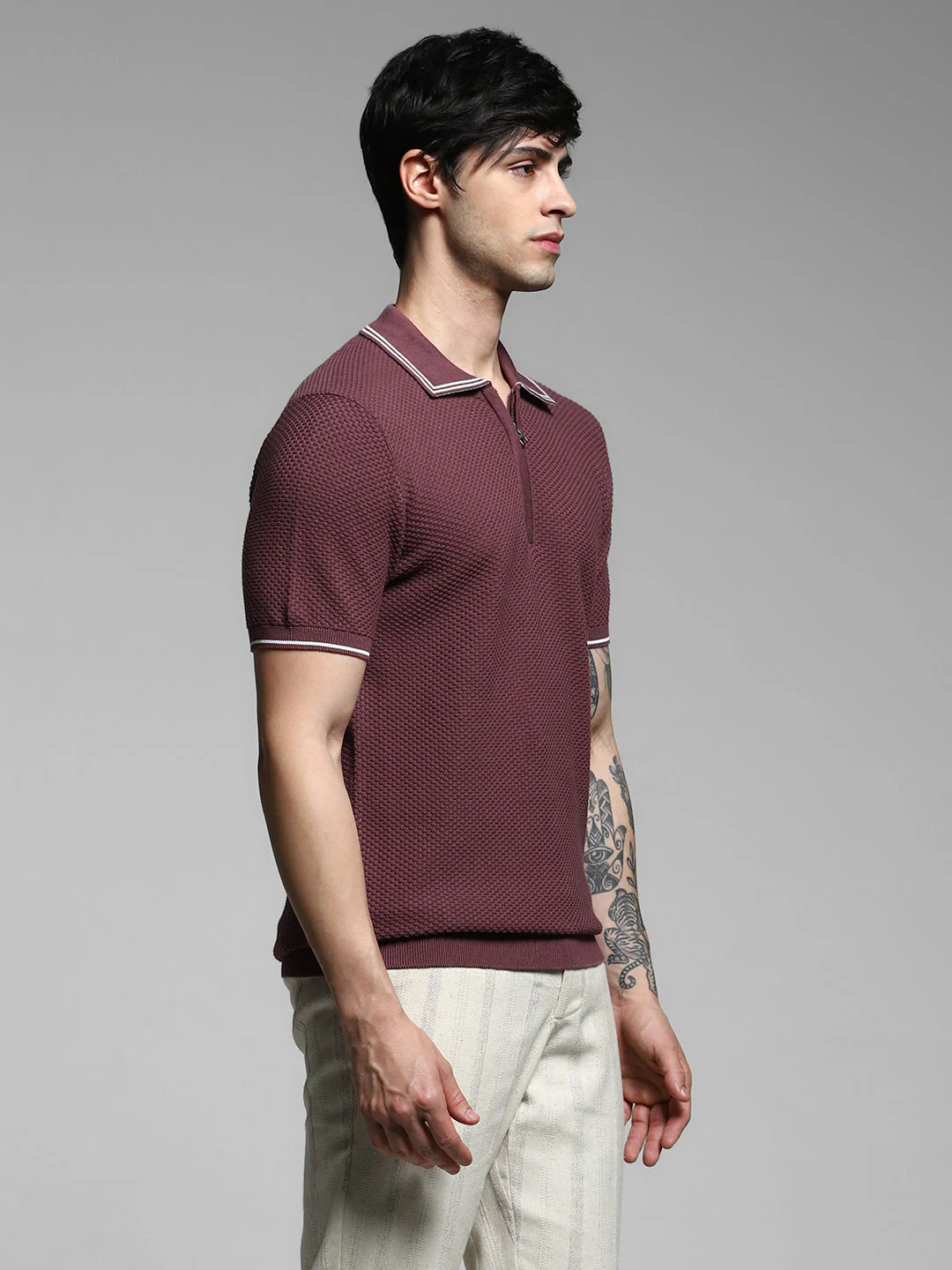 Dark Plum Cotton Jacquard Polo - Image 3