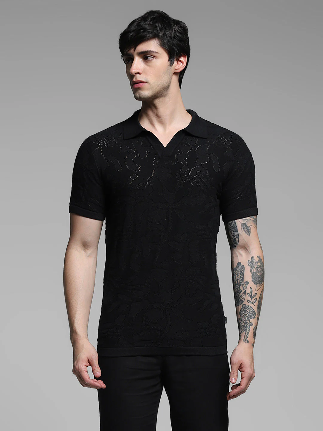 Black Cotton Jacquard Knit Polo - Image 2