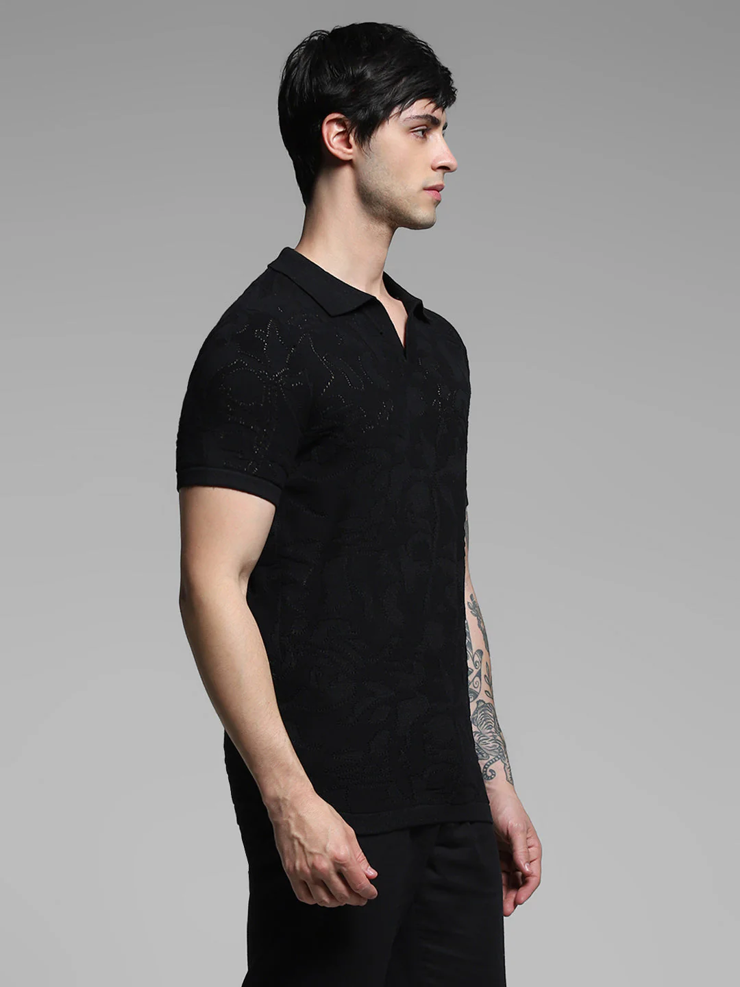 Black Cotton Jacquard Knit Polo - Image 3