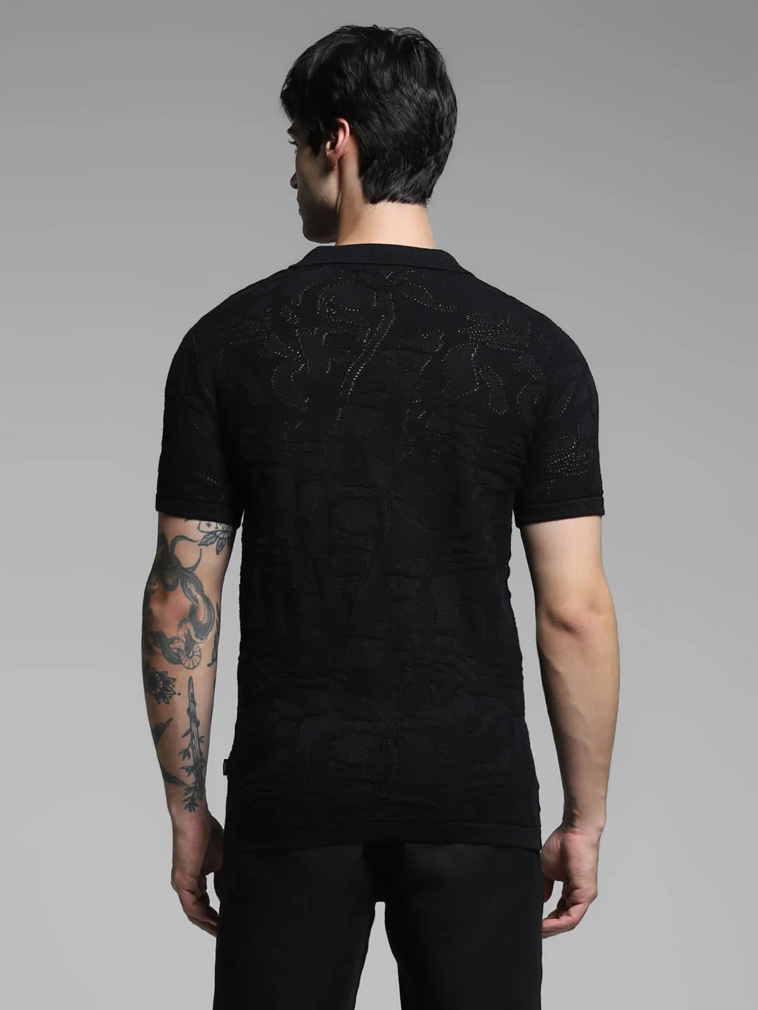 Black Cotton Jacquard Knit Polo - Image 4