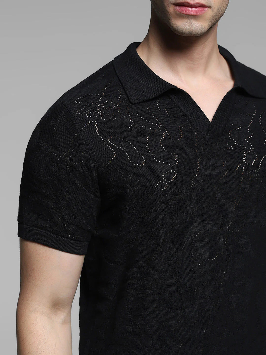 Black Cotton Jacquard Knit Polo - Image 5
