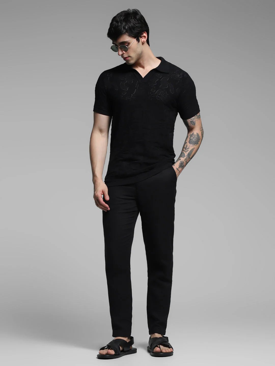 Black Cotton Jacquard Knit Polo - Image 6